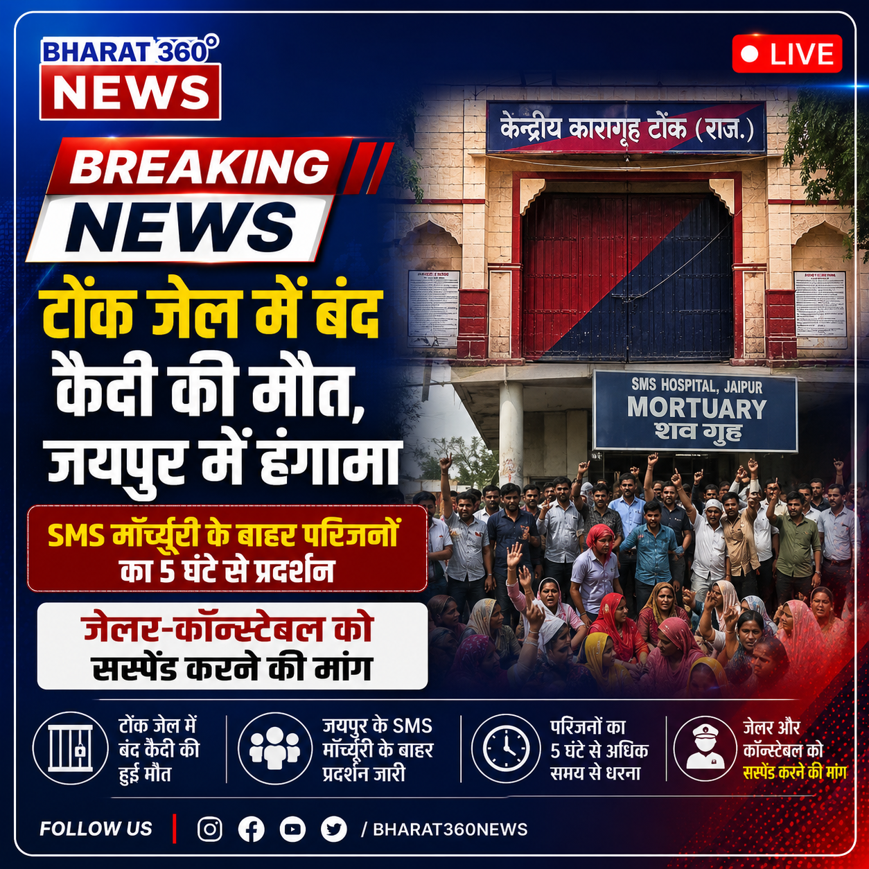 टोंक जेल में बंद कैदी की मौत,जयपुर में हंगामा:SMS मॉर्च्युरी के बाहर परिजनों का 5 घंटे से प्रदर्शन;जेलर-कॉन्स्टेबल को सस्पेंड करने की मांग