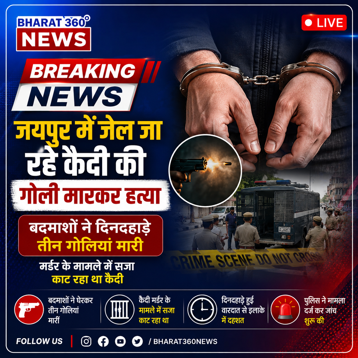 जयपुर में जेल जा रहे कैदी की गोली मारकर हत्या:बदमाशों ने दिनदहाड़े तीन गोलियां मारी,मर्डर के मामले में सजा काट रहा था